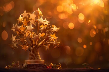 A golden trophy in the shape of stars on a dark base, set against a warm, glowing background.