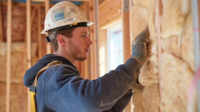 A technician demonstrating the proper technique for installing batt insulation between wall studs ensuring a snug efficient fit.
