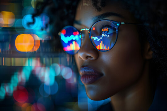 Close up eyes African-American businesswoman with afro hairstyle wearing glasses having number and graph stock market data reflection multi color light