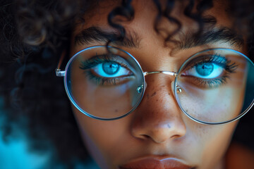 Extreme close up eyes African-American woman with afro hairstyle wearing glasses having number and graph stock market data reflection multi color light, looking away, portrait, blue eyes