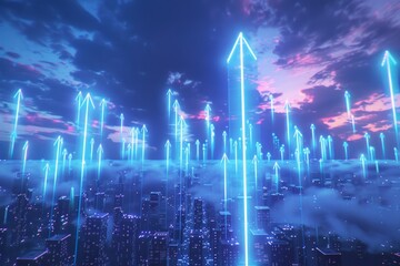 A digital illustration of glowing arrows soaring upwards over a cityscape, symbolizing growth, progress, or futuristic navigation.