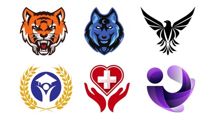 logos of tiger, wolf , hawk, education, health and more in
white background