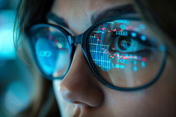Extreme close up eyes woman wearing glasses having number and graph stock market data reflection multi color light