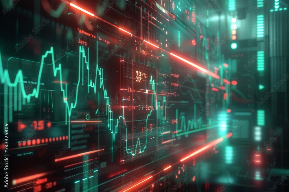 Aufkleber a futuristic data analytics visualization with glowing graphs and lines over a dark background, refl