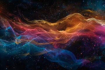 Fototapeta na wymiar Abstract waves of light with a spectrum of colors flowing across a dark space, sprinkled with particles resembling stars.