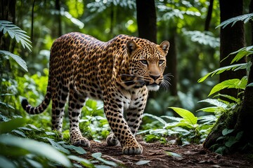 The dappled sunlight filtering through the dense jungle canopy illuminates the sleek fur of a Sri Lankan leopard as it prowls stealthily on the forest floor