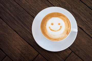 White Cup Latte Art Happy Smile Face Brown Wooden Table Background