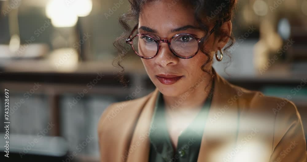 Poster Businesswoman, night and computer for networking or email, reading report and working overtime. Female person, planning and research on internet for proposal, website and info for deadline on tech