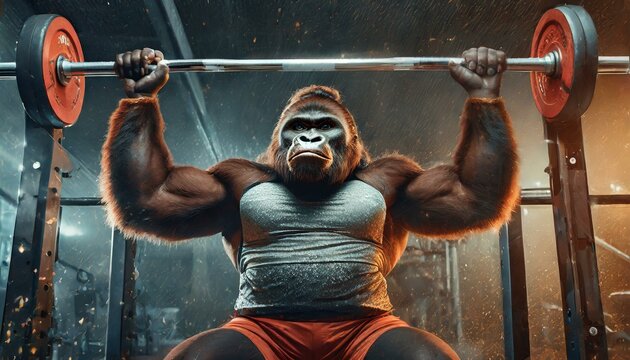 Illustration of a gorilla training bodybuilding. Shoulder training.

