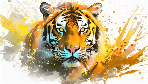 Illustration of a tiger on white background. Ink splashes on image.
