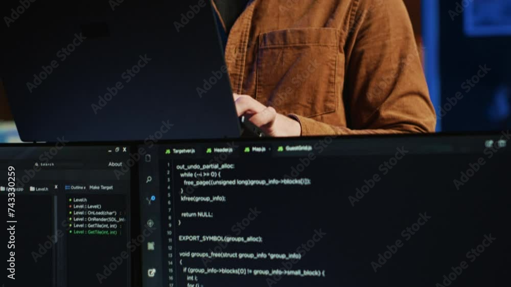 Aufkleber happy man doing it support job from home, standing in personal office with laptop in hand, coding, c
