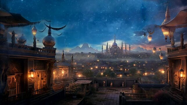 background mil y una noches, words "Ramadan kareem". seamless looping time-lapse virtual 4k video animation background