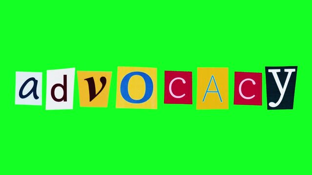 The word advocacy made from crumpling and unfolding letters cut from colorful magazines filmed against chroma key in stop motion. Loop animation of logotype about justice and law concepts in politics