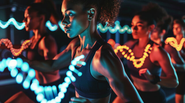 A group of people participating in a fitness class each with a DNA sequence projected onto them emphasizing the individualized aspect of personalized programs.