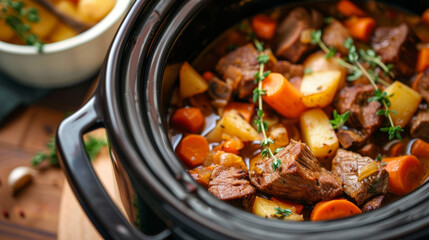 A crockpot filled with savory beef stew with carrots potatoes and herbs visible. - obrazy, fototapety, plakaty