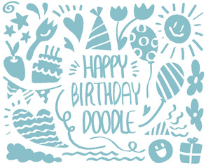 Happy Birthday doodle, hand drawn with crayon. Party Event Anniversary Celebrate Ornaments background pattern Vector illustration. Dark blue draw with birthday party. Cake, Gift, Balloon, Smile, Star