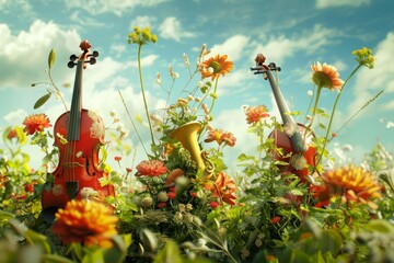 A classic guitar entwined with vibrant flowers in an enchanted garden.
