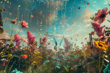 A dreamy landscape where musical notes and instruments float among colorful flowers under a...