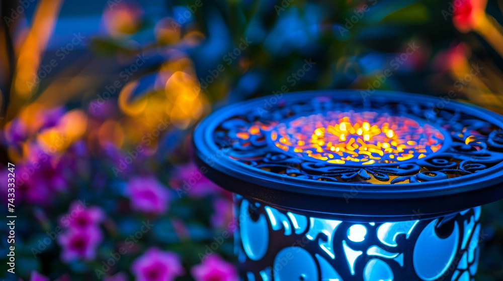 Poster the intricate filigree pattern on the top of a solar garden light adding an elegant touch to any out