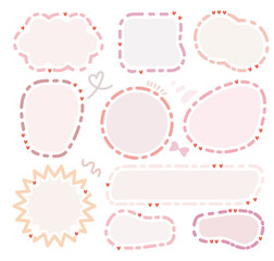 Set of pink color speech bubbles.Romantic chat frame.Doodle message or communication text box .Collection of colorful memo box. Hand drawn style cute chat cloud. Girl  diary memo. Red blank for text.