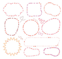 Set of pink color speech bubbles.Romantic chat frame.Doodle message or communication text box .Collection of colorful memo box. Hand drawn style cute chat cloud. Girl  diary memo. Red blank for text.
