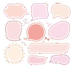 Set of pink color speech bubbles.Romantic chat frame.Doodle message or communication text box .Collection of colorful memo box. Hand drawn style cute chat cloud. Girl  diary memo. Red blank for text.