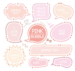 Set of pink color speech bubbles.Romantic chat frame.Doodle message or communication text box .Collection of colorful memo box. Hand drawn style cute chat cloud. Girl  diary memo. Red blank for text.