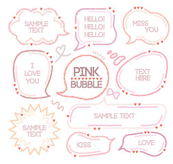 Set of pink color speech bubbles.Romantic chat frame.Doodle message or communication text box .Collection of colorful memo box. Hand drawn style cute chat cloud. Girl  diary memo. Red blank for text.
