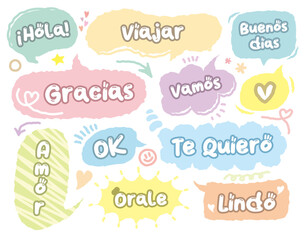  Chat speech bubble.  Dialogue balloon, Spanish word talk frame, conversation clouds with greeting phrases. Dialogue chat bubble vector symbols. Thinking clouds or box memo with message for discussion © Lin