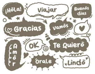 Chat speech bubble Spanish greeting phrases. . Dialogue balloon, word talk frame, conversation clouds. Hand drawn doodle memo box with phrase. Thinking clouds or box memo with message for discussion  © Lin