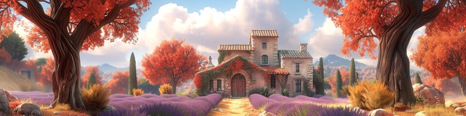 Idyllic panorama of a countryside villa with a path through autumn trees and lavender fields, encapsulating the essence of a serene and picturesque rural life - obrazy, fototapety, plakaty