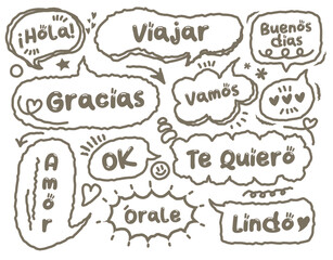 Chat speech bubble Spanish greeting phrases. . Dialogue balloon, word talk frame, conversation clouds. Hand drawn doodle memo box with phrase. Thinking clouds or box memo with message for discussion 