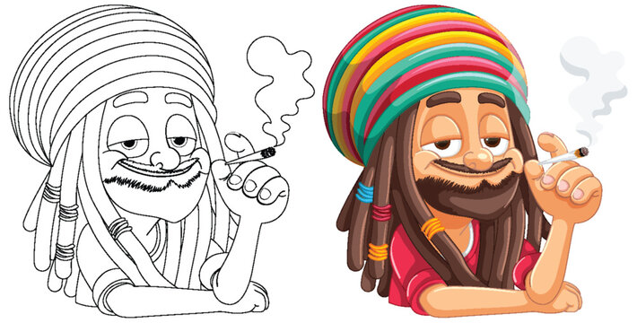 Two happy cartoon Rastafarians with smoking joints.