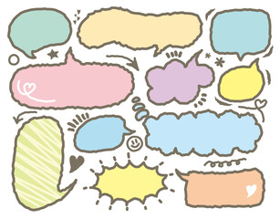 Colorful cute Speech bubble, speech balloon, Doodle Crayon hand drawn vector collection. Blank chat balloons in various shapes. Comic cloud box, empty dialog balloon, conversation memo message set.