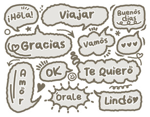 Chat speech bubble Spanish greeting phrases. . Dialogue balloon, word talk frame, conversation clouds. Hand drawn doodle memo box with phrase. Thinking clouds or box memo with message for discussion 