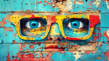 Graffiti-style painting of eyes and lips on a colorful, peeling wall, creating an urban art piece