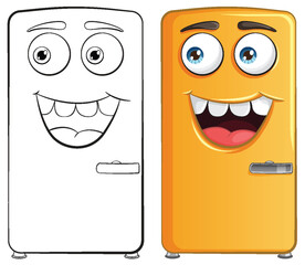 Two smiling cartoon refrigerators in different colors.