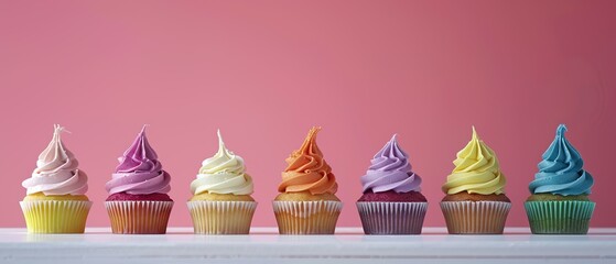 The row of colorful cupcakes in rainbow colors