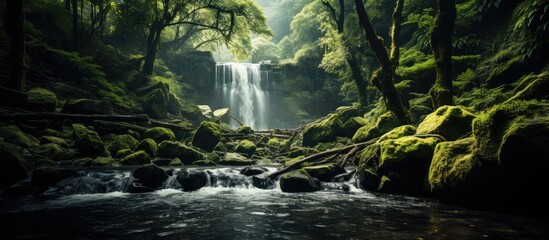 waterfall view, green forest background