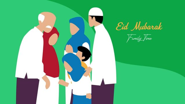 Three generation family celebrating eid mubarak cartoon animation