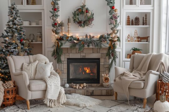 Christmas Themed Cozy Corner With A Warm Fireplace And Holiday Decorations