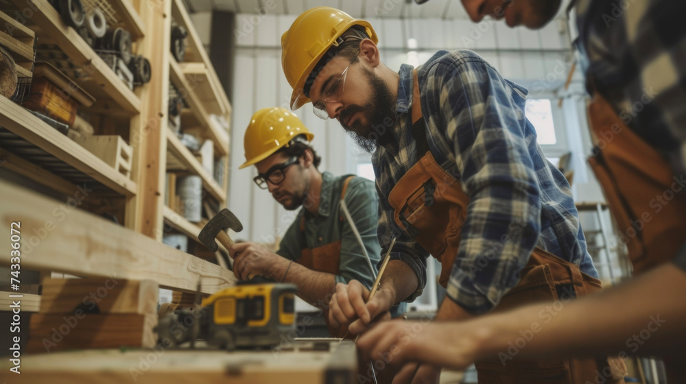 Poster a group of friends armed with hammers and nails eagerly start building a custommade bookshelf for th