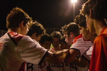 High school soccer team in a motivational huddle Showcasing unity and determination on the field - obrazy, fototapety, plakaty