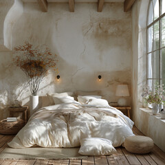 Rustic concrete bedroom interior concept with fabric bed, green home plant and home decor. Generative AI