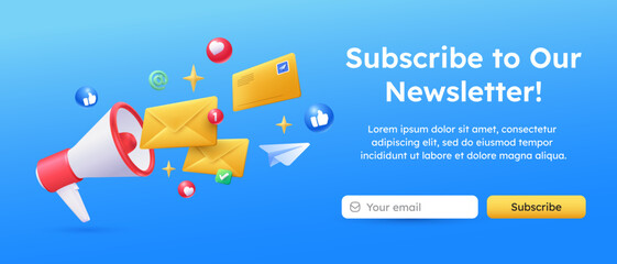 3d mail envelope and megaphone Subscribe to newsletter banner