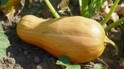 A closeup of a plump goldenbrown squash freshly plucked from the garden with its deep green stem still attached its smooth skin glistening under the warm rays of the sun.