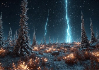 	
abstract Glowing particle Sparkles on alien planet landscape forest 3d rendering	
