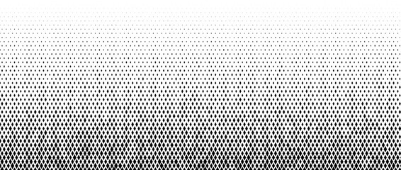Rhombus gradient halftone texture. Diamond shape dot fading pattern. Abstract geometric particle vanishing gradient background. Rhomb shape grunge overlay structure. Vector black white wallpaper