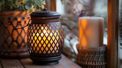 A br candle warmer in the shape of a lantern with intricate lattice work and a hinged door adding a touch of oldworld charm to any room. - obrazy, fototapety, plakaty