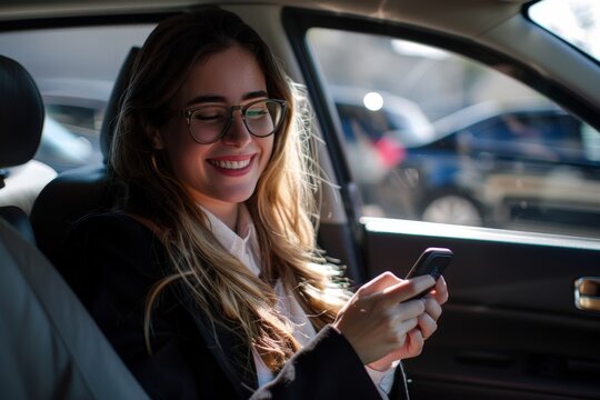 Businesswoman inside of a car using mobile phone, daily use of smartphone